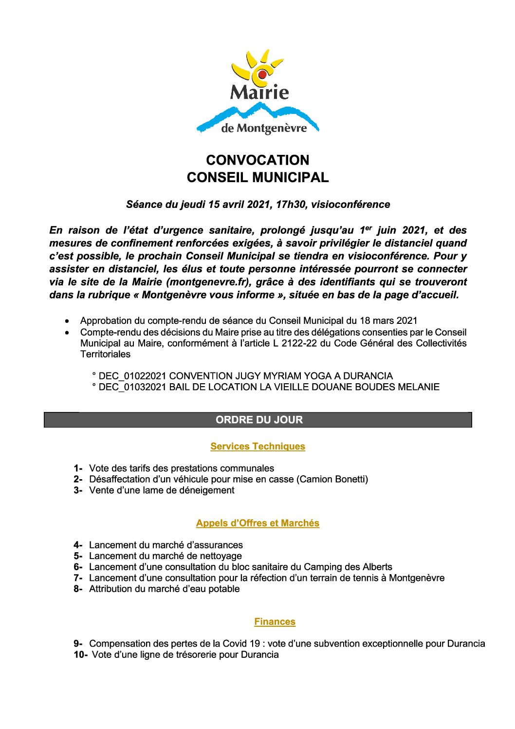 Convocation Conseil Municipal du 18 mars 2021 - Page 1 © Mairie de Montgenèvre